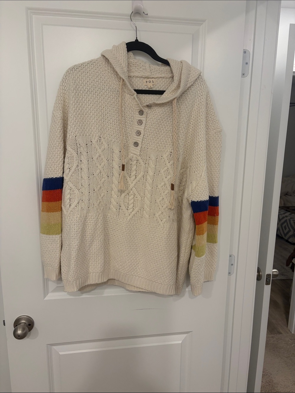 NWOT POL Cream Cable-Knit Hooded Sweater with Rainbow Sleeve Stripes
